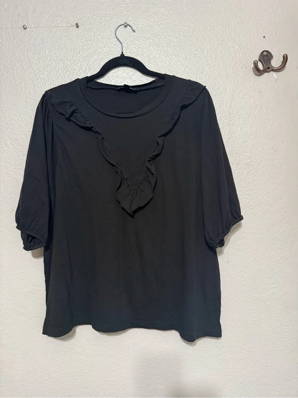 J. Crew Black Ruffled Bib Puff Sleeve Cotton Top